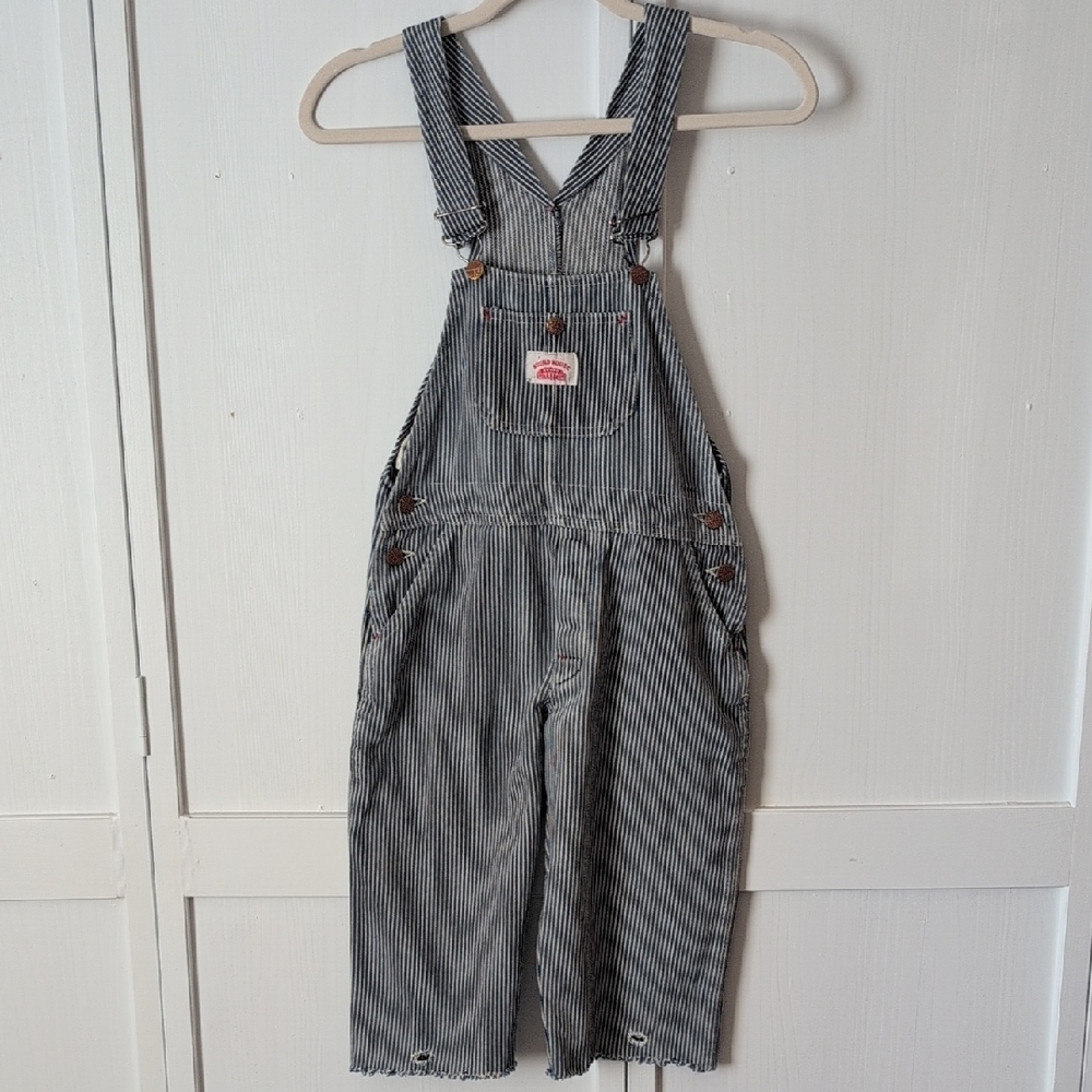 Round House Youth Sz 14 Hickory Stripe Overalls Made In USA Pedal Pusher Length